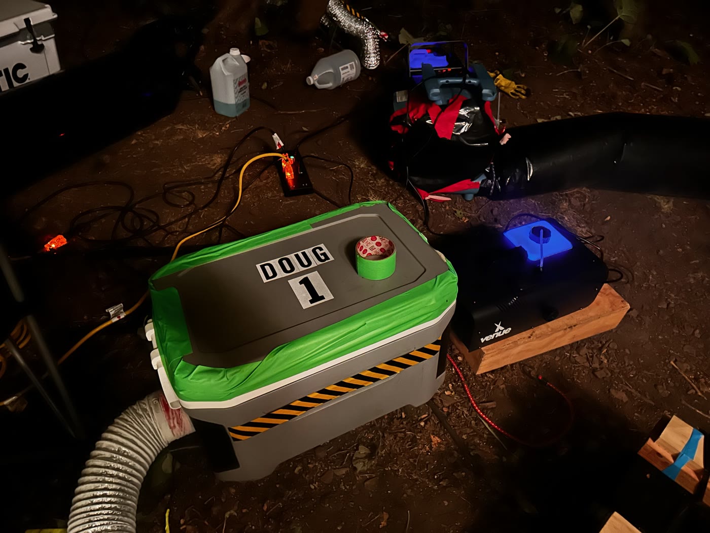 The custom dry-ice ground-fog rig DOUG beside its fan and ducting.