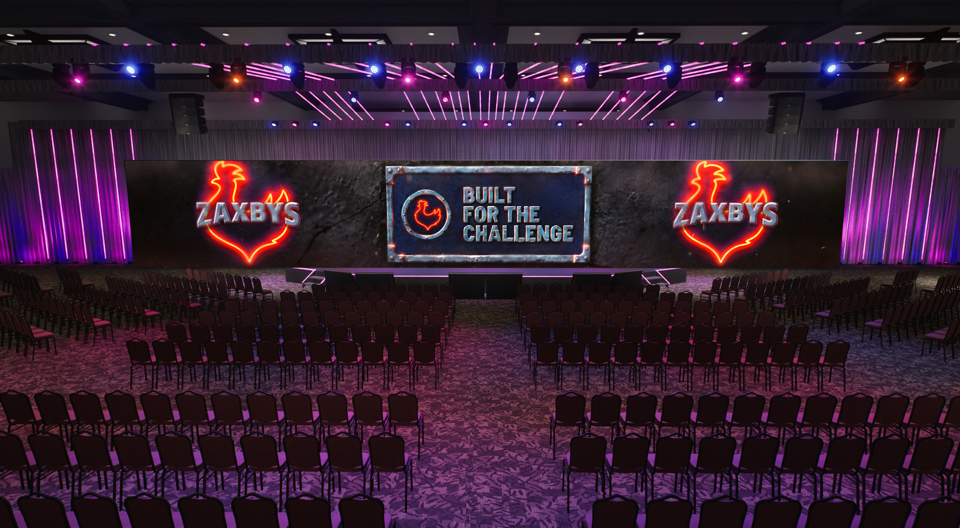 Stage previsualization showing the panoramic Zaxbys conference screen behind a seating area.